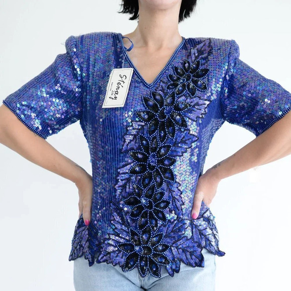 Vintage Lord & Taylor Purple 100% Silk Deadstock Sequins Short Sleeve Blouse M - Picture 2 of 15